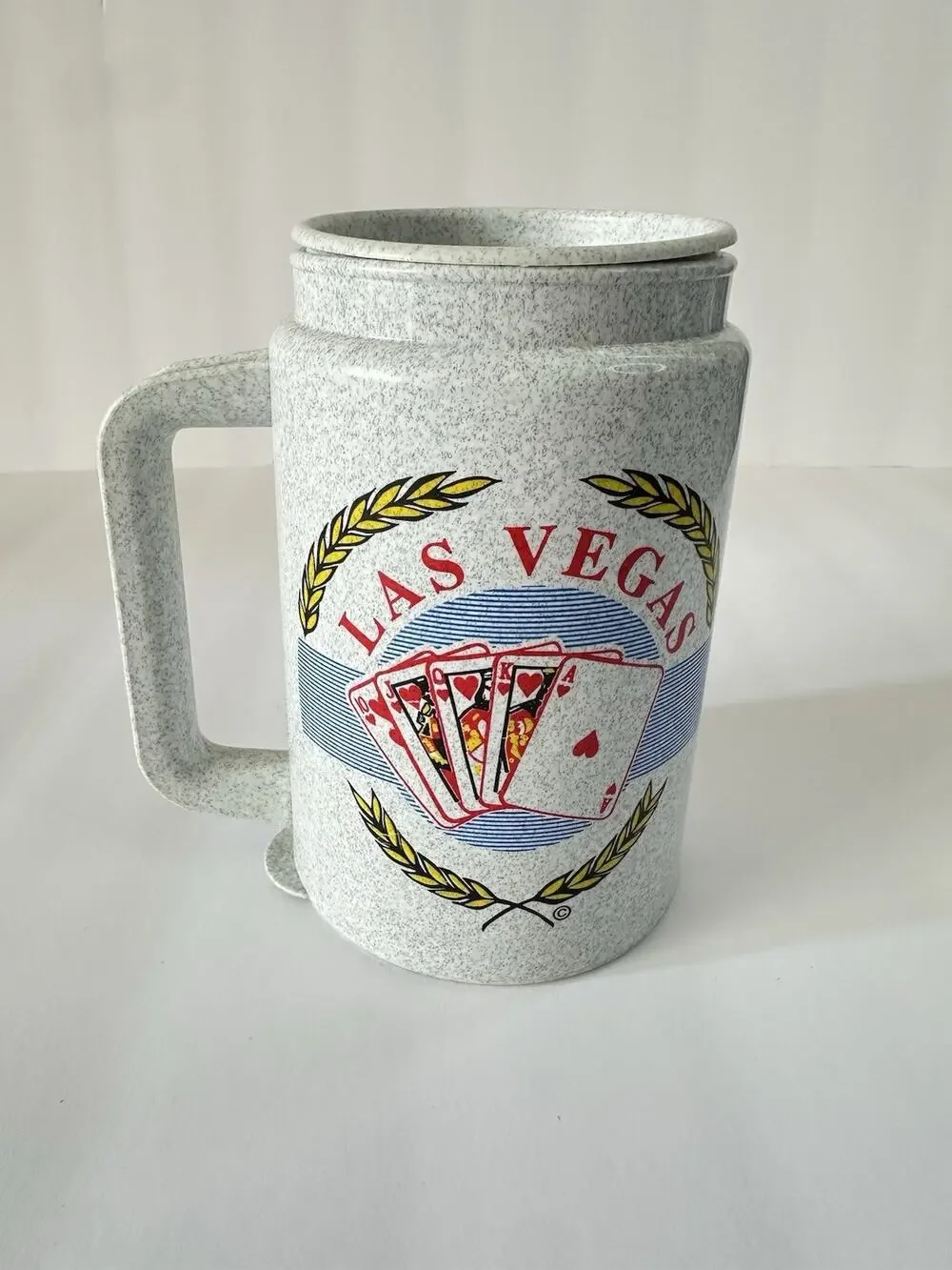 Vintage Whirley Las Vegas Souvenir Travel Mug Playing Cards Speckled Plastic Lid